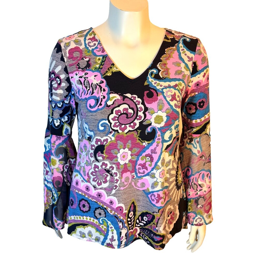 Coco Bianco Blouse Women's L Pink Purple Psychedelic Paisley V-Neck Bell Sl